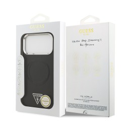Apple Guess IPhone 17 Pro - Coque Magsafe en cuir PU 4G avec Logo Triangulaire Strass et Cadre Argent - Noir