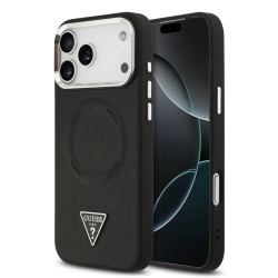 Apple Guess IPhone 17 Pro Max - Coque Magsafe en cuir PU 4G avec Logo Triangulaire Strass et Cadre Argent - Noir