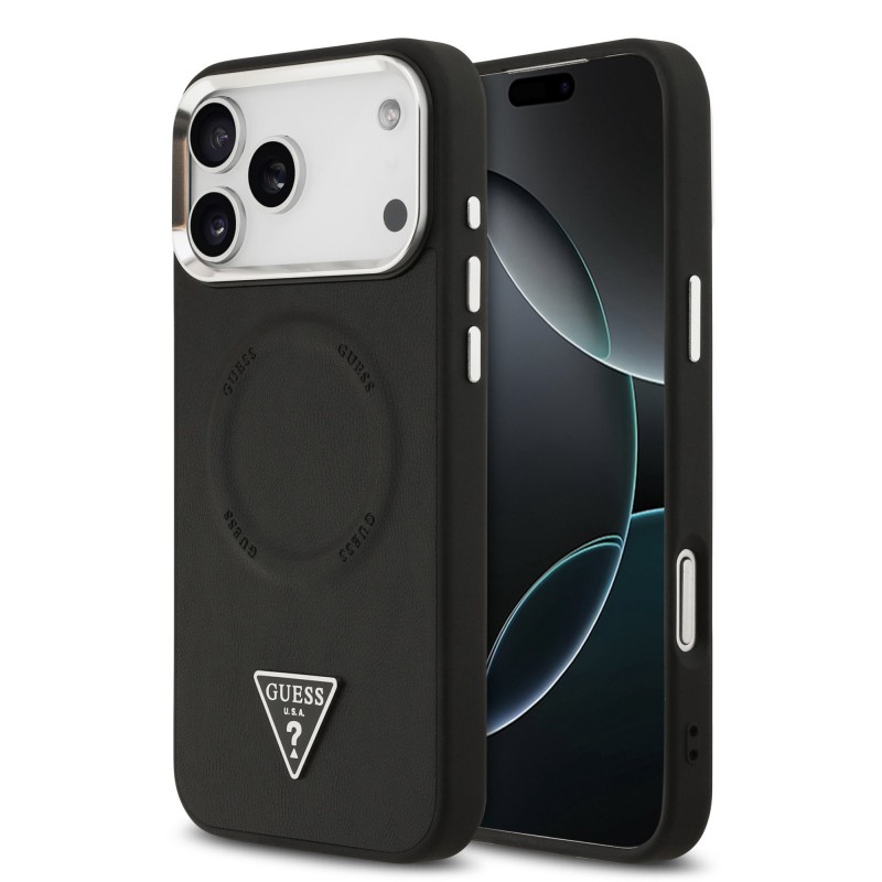 Apple Guess IPhone 17 Pro Max - Coque Magsafe en cuir PU 4G avec Logo Triangulaire Strass et Cadre Argent - Noir