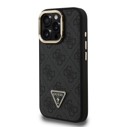 Guess GUESS IPHONE 15 Pro Max - Coque Magsafe Logo Triangulaire et Strass, Support pour Appareil Photo - Noir
