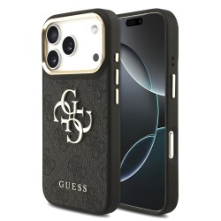 Apple Guess IPhone 17 Pro - Coque Magsafe avec Logo en Métal et Cadre Doré - Noire