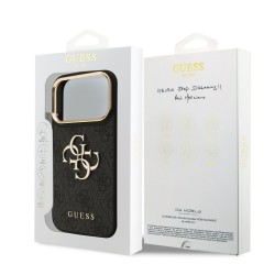 Apple Guess IPhone 17 Pro - Coque Magsafe avec Logo en Métal et Cadre Doré - Noire