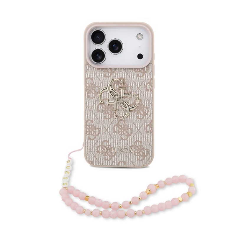 Guess IPhone 17 - Coque Guess Avec Logo En Métal Avec Strap Perlé Amovible - Rose