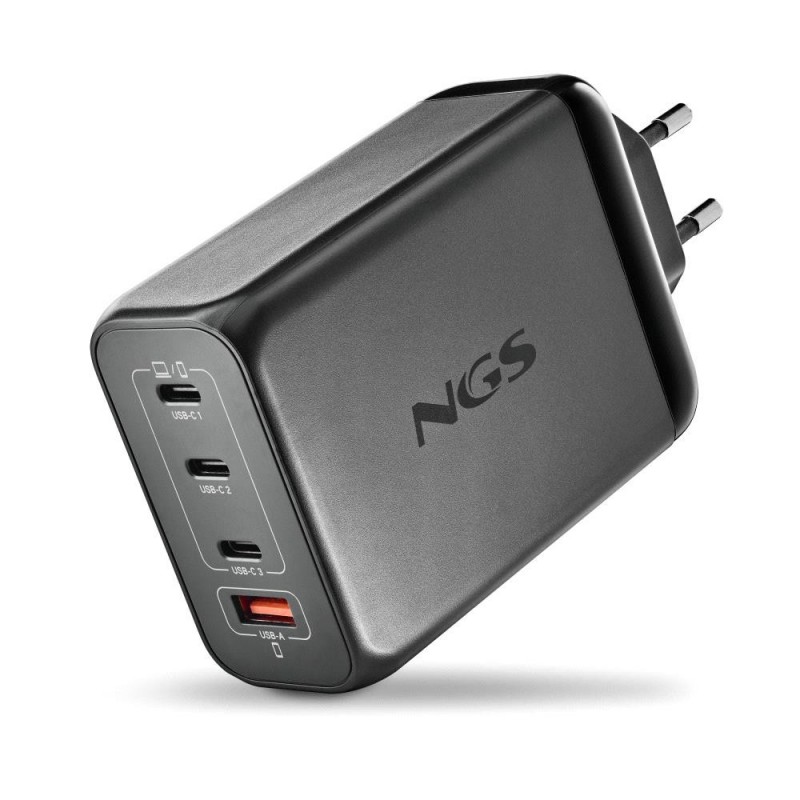 NGS NGS BUD 240W Chargeur GaN Mural Ultra-Rapide avec 4 ports : 3 USB-C + 1 USB-A - Noir