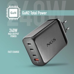 NGS NGS BUD 240W Chargeur GaN Mural Ultra-Rapide avec 4 ports : 3 USB-C + 1 USB-A - Noir