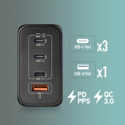 NGS NGS BUD 240W Chargeur GaN Mural Ultra-Rapide avec 4 ports : 3 USB-C + 1 USB-A - Noir
