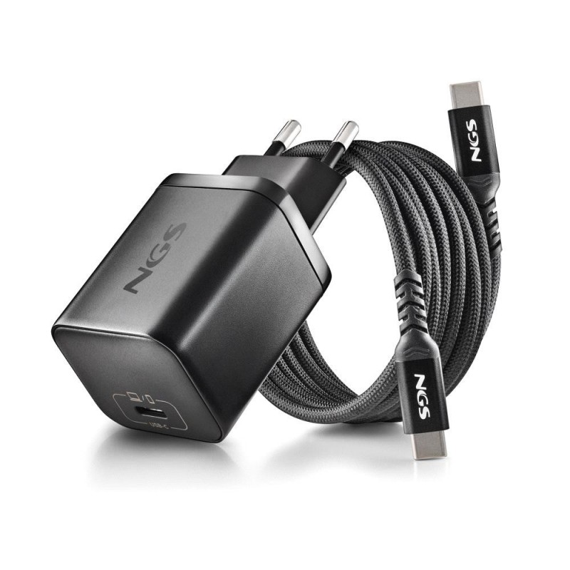 NGS NGS BUD 65W-C - Chargeur Mural GaN Ultra-Rapide GAN avec Cable USB-C 1.5m Noir (pour Smartphone / Ordinateur / Tablette ...)