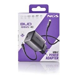 NGS NGS BUD 65W-C - Chargeur Mural GaN Ultra-Rapide GAN avec Cable USB-C 1.5m Noir (pour Smartphone / Ordinateur / Tablette ...)