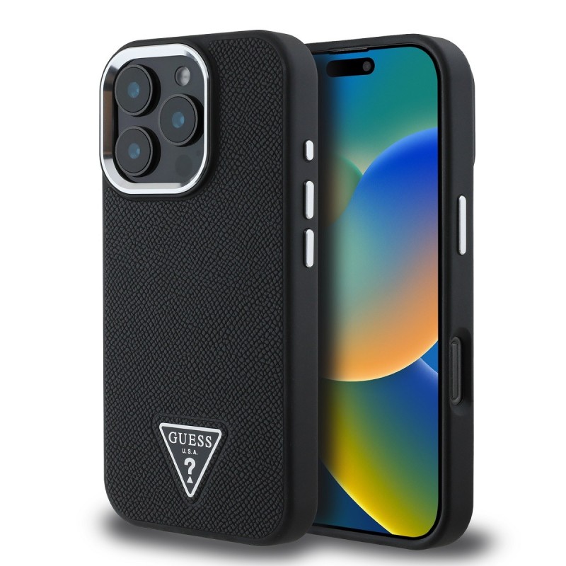Guess Guess IPhone 16 Pro Max - Coque en polyuréthane grainé avec logo triangulaire et MagSafe - Noir