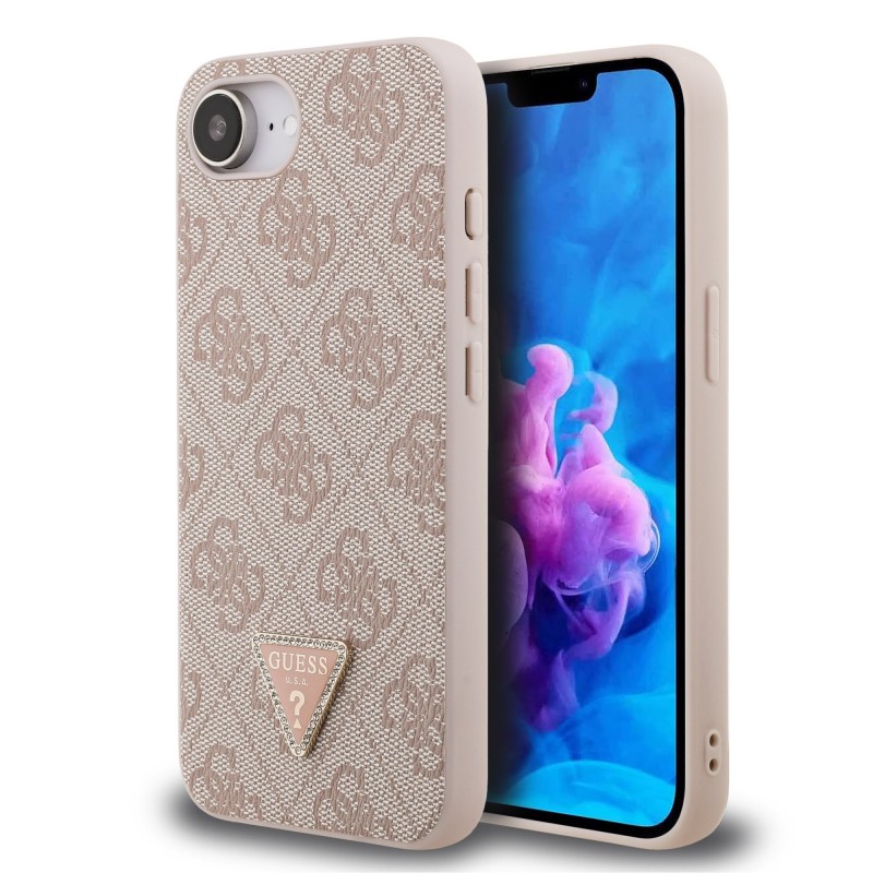 Guess iPhone 16e - Coque arrière Guess PU 4G strass triangle en métal avec logo - Rose