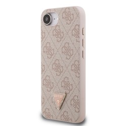Guess iPhone 16e - Coque arrière Guess PU 4G strass triangle en métal avec logo - Rose
