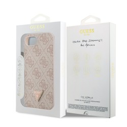 Guess iPhone 16e - Coque arrière Guess PU 4G strass triangle en métal avec logo - Rose