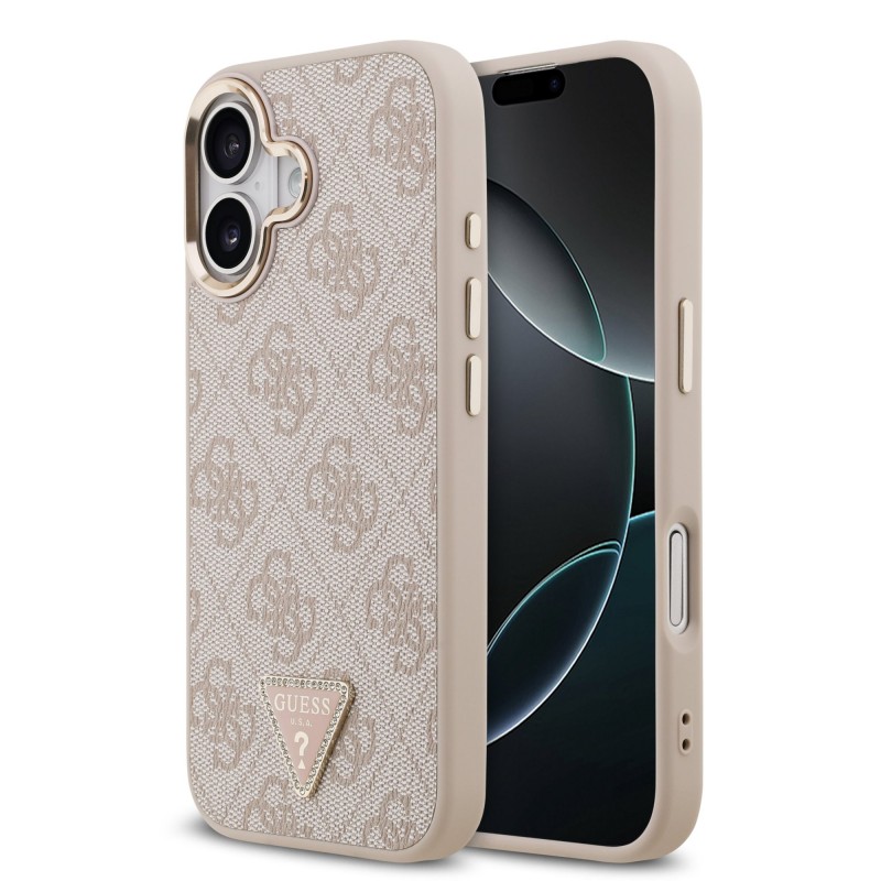 Apple Guess IPhone 17 - Coque Magsafe Cuir PU avec Logo Triangulaire Strass et Cadre Doré - Rose