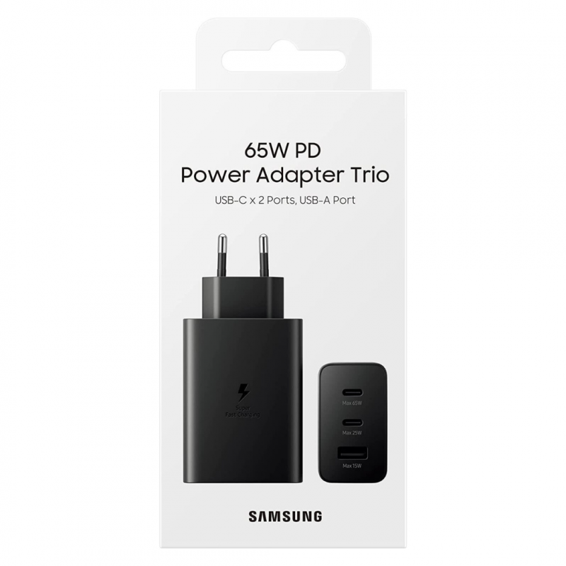 Samsung EP-T6530NBEGEU : Chargeur Samsung 2 USB-C / 1 USB-A 65W PD NOIR (Sous Blister)