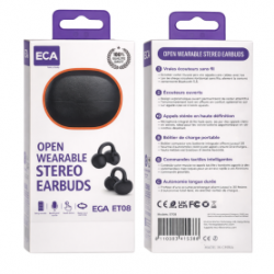 Écouteurs sans Fil Stéréo Open-Ear Bluetooth 6.0 Autonomie Musique 4.5h Charge rapide 2h EGA ET08 - Noir