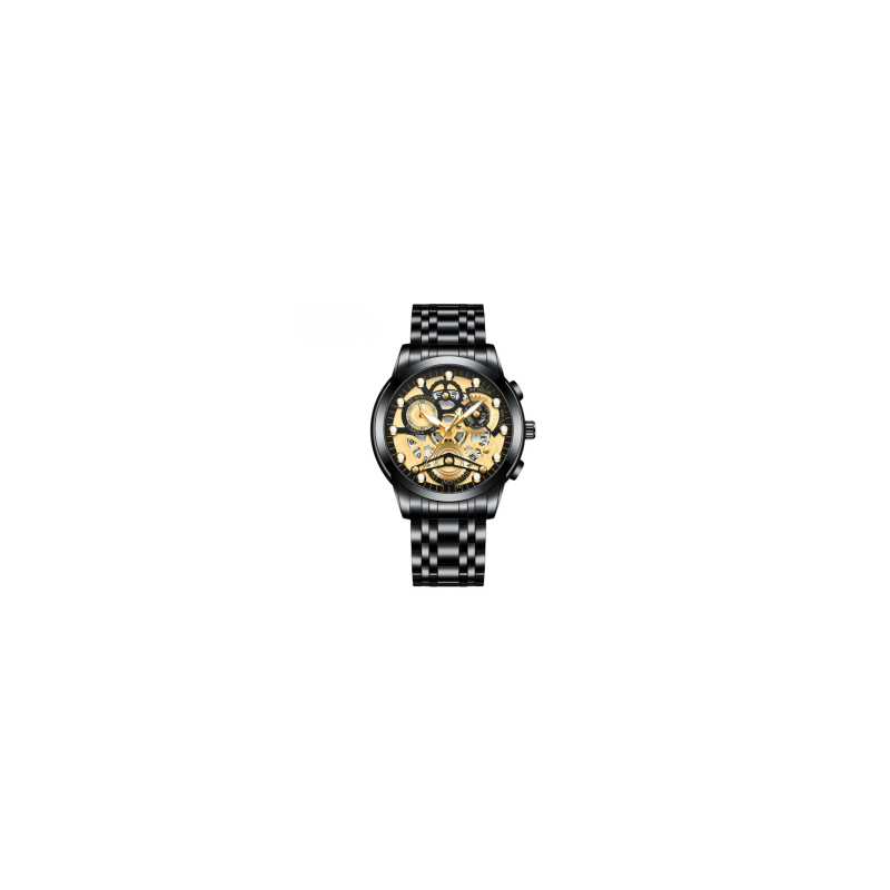 Montre Homme Lumineux Étanche en Acier Inoxydable 2451JH - Noir Or