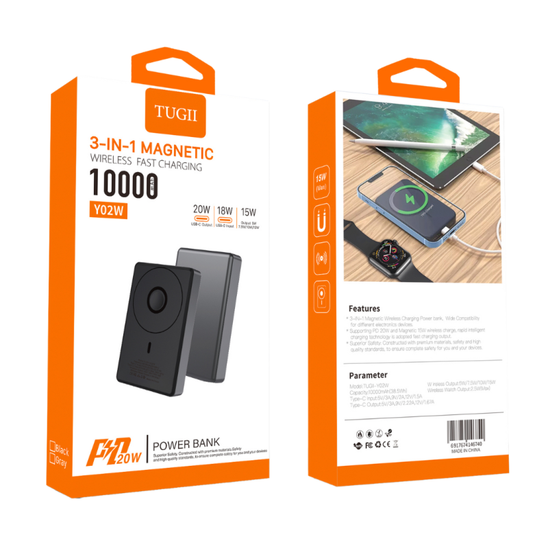 PowerBank Y02W - 10000 mAh charge rapide 20W / magsafe 15W - Noir