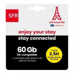 Carte SIM Prépayée SFR Appel et SMS illimités en Europe + 2.5H Appel dans Le Monde + 60 Go d’Internet 5G sans engagement