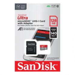 Carte Mémoire Micro SD SanDisk Ultra 128 Go UHS-I Classe 10 jusqu'à 140 Mo/s + Adaptateur SD