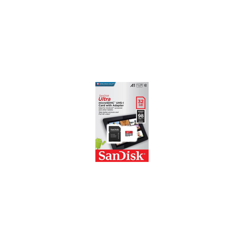 Carte Mémoire Micro SD SanDisk Ultra 32 Go Classe A1 jusqu'à 98 Mo/s + Adaptateur SD