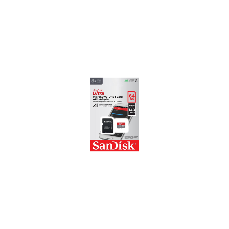 Carte Mémoire Micro SD SanDisk Ultra 64 Go UHS-I Classe 10 jusqu'à 140 Mo/s + Adaptateur SD