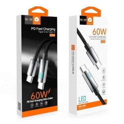 Wuw Cable Tressé Charge ultra Rapide PD60W USB-C Vers USB-C avec ecran led Noir X214