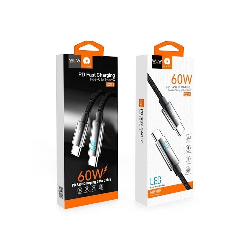 Wuw Cable Tressé Charge ultra Rapide PD60W USB-C Vers USB-C avec ecran led Noir X214