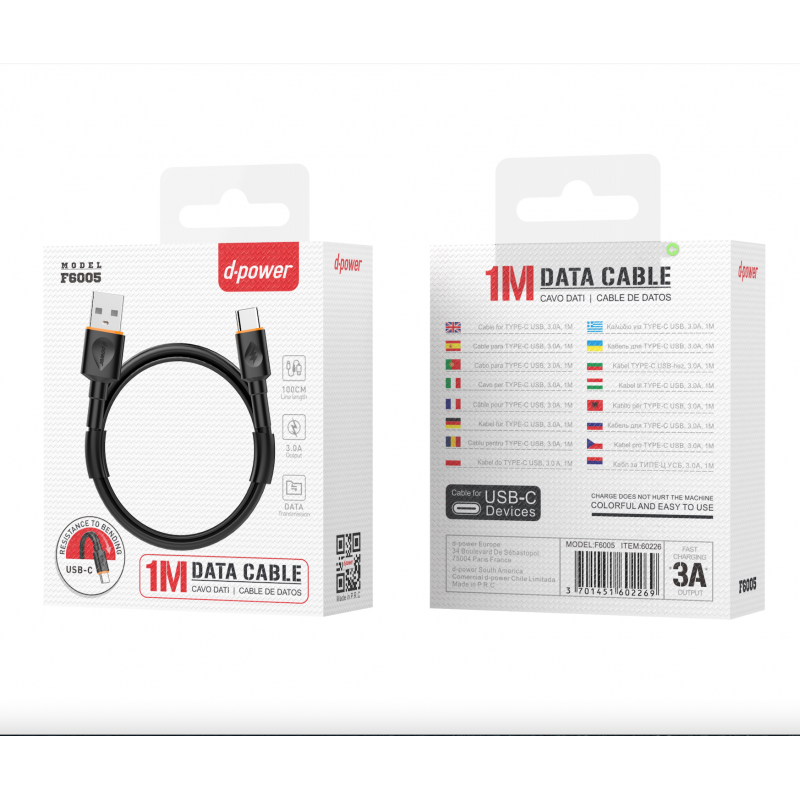 D-Power CABLE USB - USB-C FAST CHARGE SOUS BLISTER F6005 - NOIR